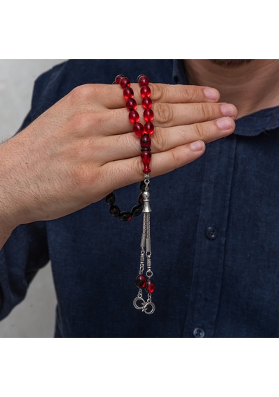 Premium Parlak Ve Şık Metal Püsküllü Kırmızı Siyah Sıkma Kehribar Tesbih Kırmızı - Siyah