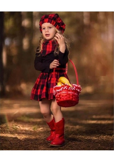 Quzucuk Kids Kız Çocuk Kırmızı Ekoseli Şapkalı Takım Çok Renkli