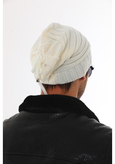 Ritagarcia Unisex Arkası İpli Büzgülü Triko Bere Kışlık Dökümlü Slouchy Beanie Bere Ekru