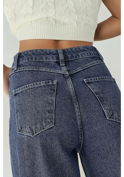 Hiccup Yüksek Bel Geniş Bacaklı Kot Pantolon Koyu Mavi Denim