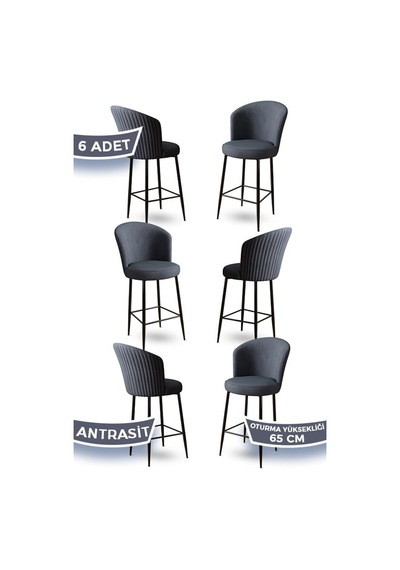 Canisa Alte Serisi 6 Antrasit Sandalye 65 Cm Ada Mutfak Bar Sandalyesi Babyface Kumaş Siyah Metal Ayaklı Sandalyeler Antrasit Ayaklar Siyah