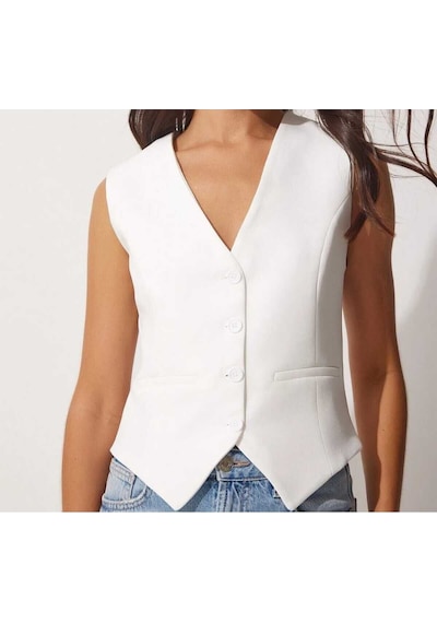 Nevege Butik Nevege Kadın Beyaz Kısa Asatarlı Dokuma Yelek
