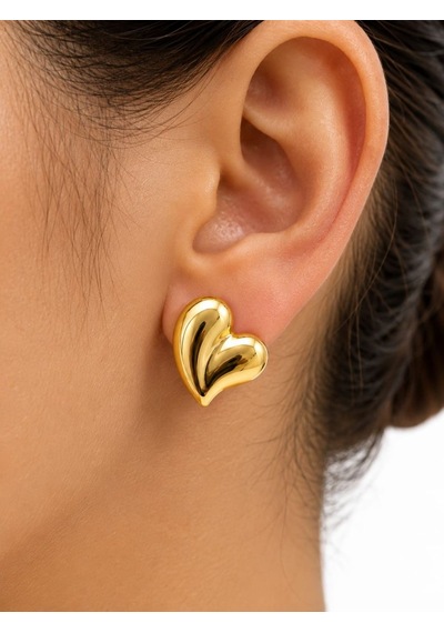 Cm Jewelry Kalp Detaylı Gold Çelik Küpe Altın