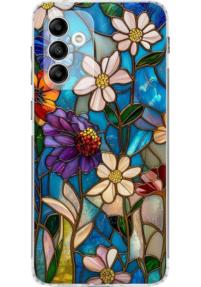 Printify Samsung Galaxy M13 İle Uyumlu Vitray Mavi Bahar Tasarımlı Şeffaf Silikon Kılıf Şeffaf