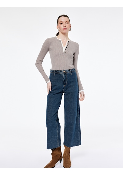 Koton Yüksek Bel Rahat Kalıp Geniş Paça Jean Pantolon - Culotte Jeans Green Cast 6wal40213md Yeşil