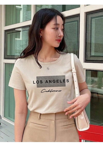Uyguntarz Unisex Los Angeles Baskılı Tasarım Tshirt Bej