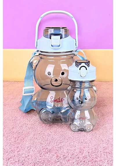 2'li Ayıcık Şeffaf Smile Su Matarası 1000+400ml Çocuk Su Şişesi Pipetli Sızdırmaz Kapaklı Suluk Set Çok Renkli