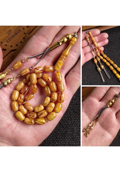 7x11 mm Sarı Hareli Ateşi Kehribar İsme Özel Tesbih