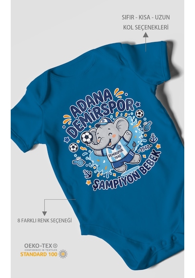 Morivokids Adana Demirspor Temalı Kısa Kollu Bebek Body %100 Pamuk Koyu Mavi