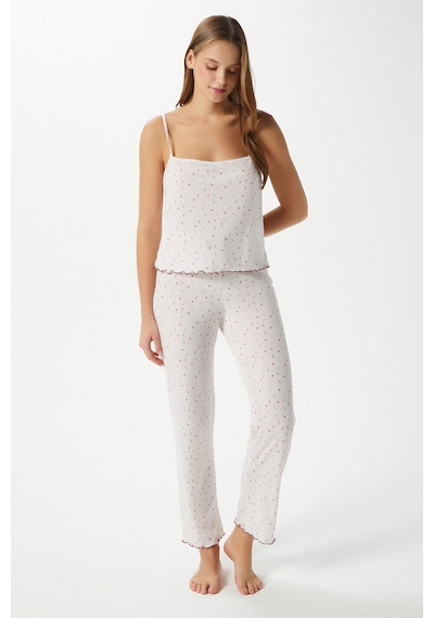 Ritnice Kadın June Askılı Ekru Minik Çiçekli Alt Üst Pijama Takımı