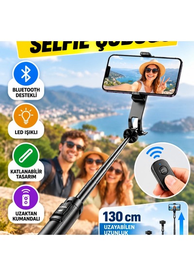 130 Cm Bluetooth Selfie Çubuğu Led Işıklı, Katlanabilir Ve Uzaktan Kumandalı