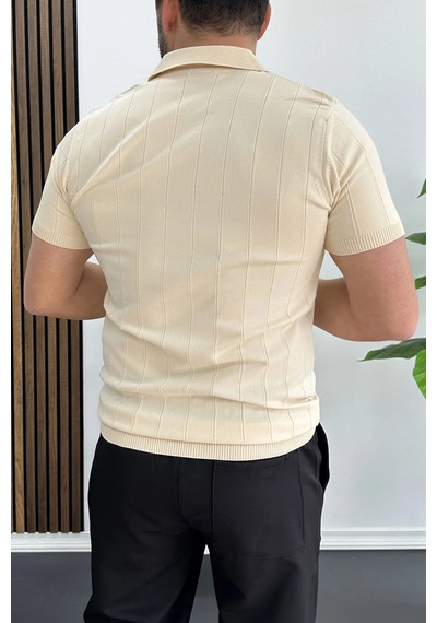 Erkek Slim Fit Fermuarlı Polo Yaka Tişört Krem Edw452 Krem