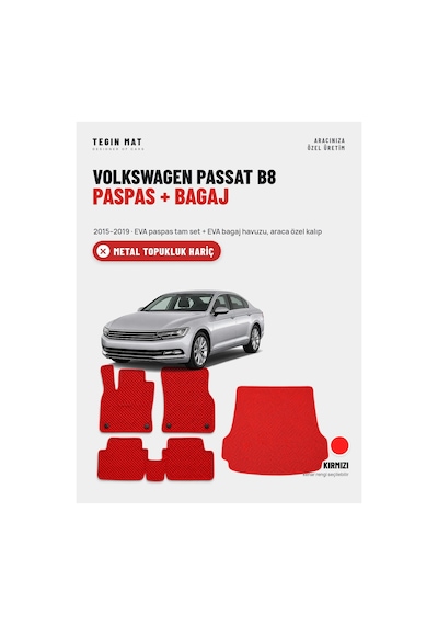 Volkswagen Passat B8 Eva Paspas + Bagaj Havuzu Seti 2015 2019 Kırmızı Metal Topukluk Hariç