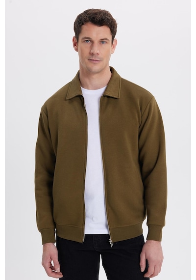 Tudors Unisex Relax Fit Rahat Kesim Pamuklu İçi Polarlı Fermuarlı Yeşil Polo Yaka Flato Cepli Sweatshirt Hırka-41976 Yeşil