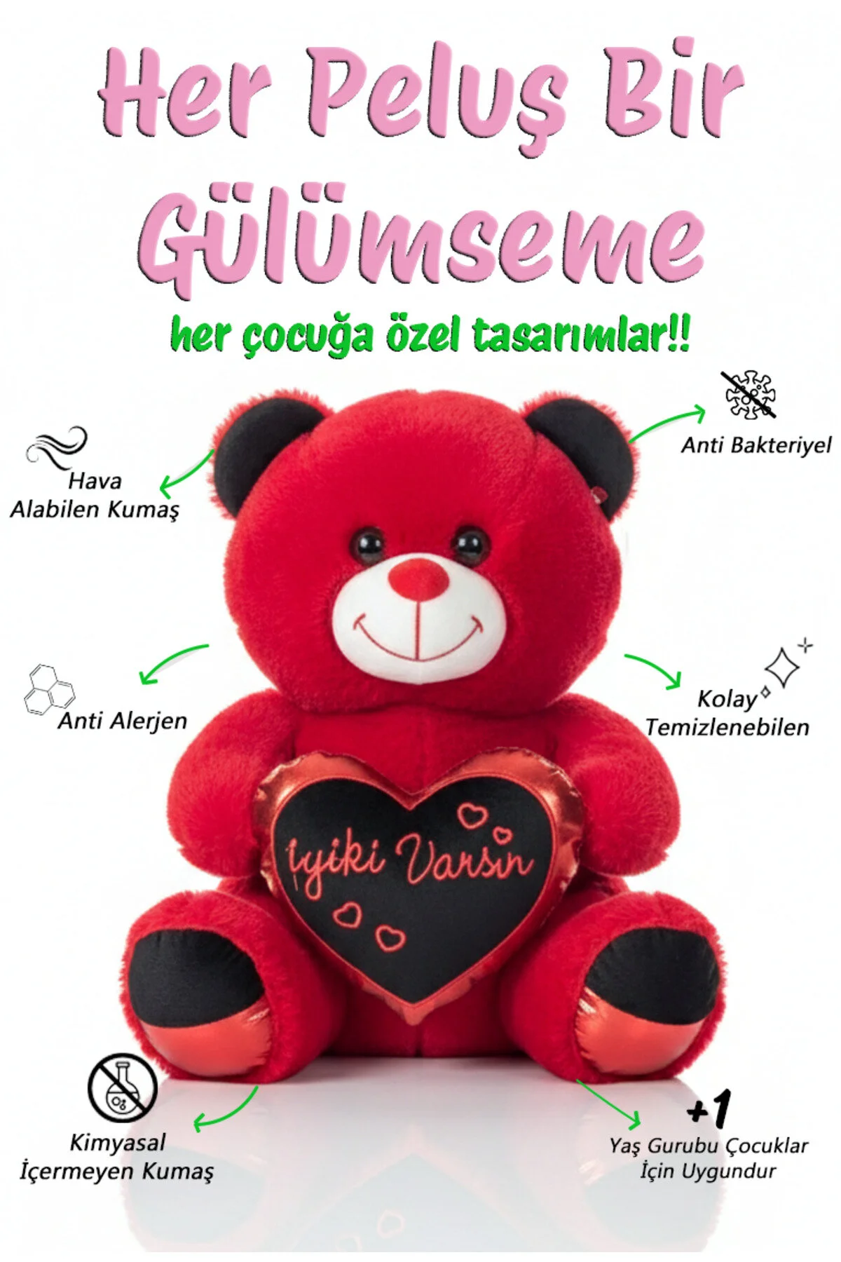 Ayıcık Kalpli Parlak Seri 50cm - Yumuşak & Hediyelik Açık Kırmızı