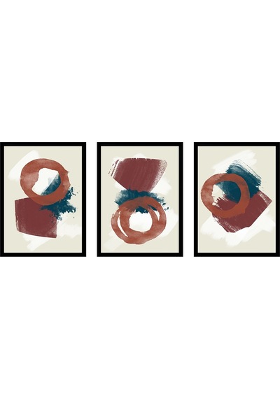 Bordo Ve Mavi Soyut Üçlü Çerçeveli Mdf Tablo Seti-173858