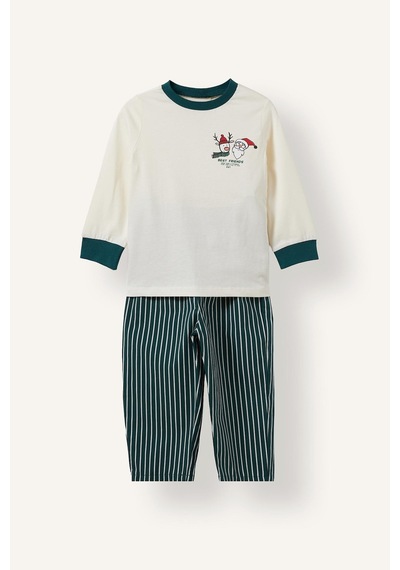 Defacto %100 Pamuk Baskılı Uzun Kollu Üst Çizgili Alt Flanel 2li Dokuma Pijama Takımı Erkek Bebek I3389a526wner118 Ekru-er118
