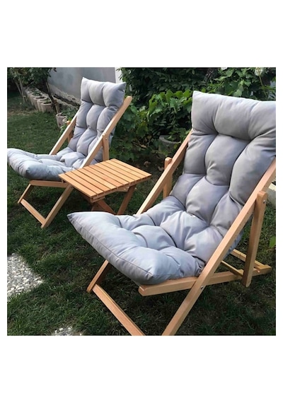 Reyo Bysay Ahşap Katlanabilir Taşınır Puf Minderli Şezlong Balkon Sandalyesi Takımı 3 Lü Set Gri
