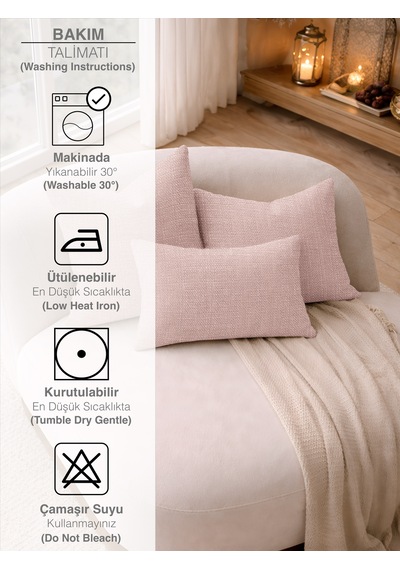 Br Perle Açık Pembe Keten Dokulu Dekoratif Kırlent Kılıfı Modern Salon Koltuk Yastığı