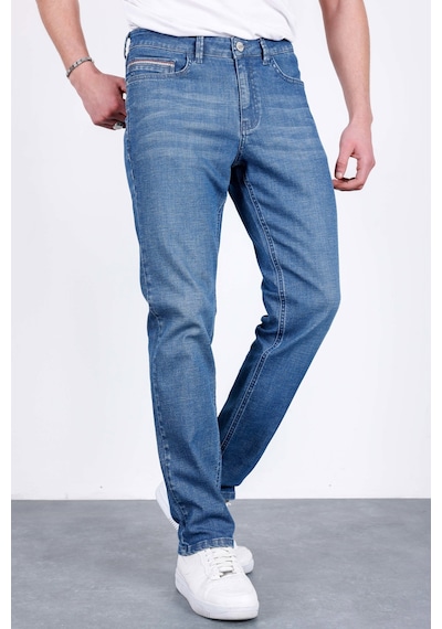 HLT Jeans Erkek Şerit Detaylı Mavi Regular Fit Boru Paça Esnek Likralı Jeans Kot Pantolon Hlthe001964 Beyaz - Mavi