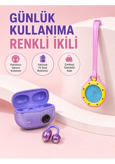 Şarj Kutulu Kablosuz Kulaklık Ve Pembe Çanta Charm Analog Saat Seti Müzik Ve Aksesuar Bir Arada Altın