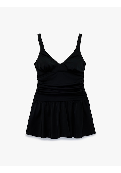 Koton Drapeli V Yaka Askılı Toparlayıcı Etekli Mayo Siyah 6sak20028mm Siyah