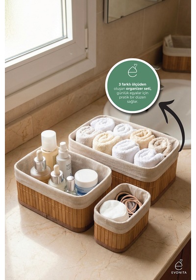Bambu Organizer Seti 3 Parça Çok Amaçlı Banyo Mutfak Dolap İçi Düzenleyici Sepet Seti Şık Dayanıklı Renkli