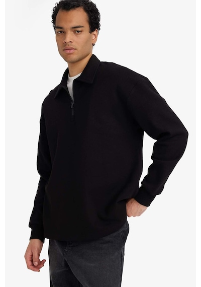 Defacto Boxy Fit Polo Yaka Yarım Fermuarlı Pike Sweatshirt G6471ax25wnbk81 Siyah-bk81