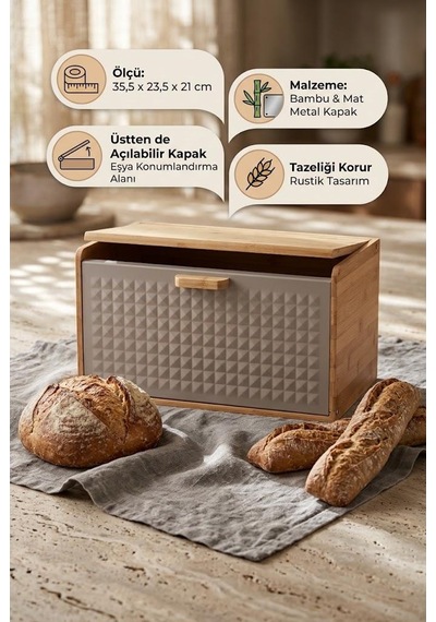Atbyhome Çift Açılır Kapaklı Doğal Bambu Ekmek Kutusu 35.5x23.5x21 Cm - Mat Metal Kapaklı Tezgah Üstü Ekmeklik Gri