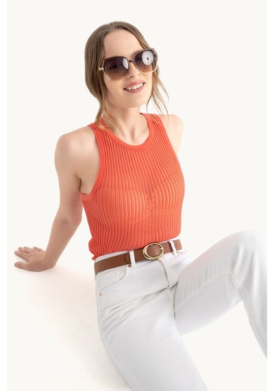 Hiccup Yuvarlak Yakalı Fitilli File Tank Top Pembe