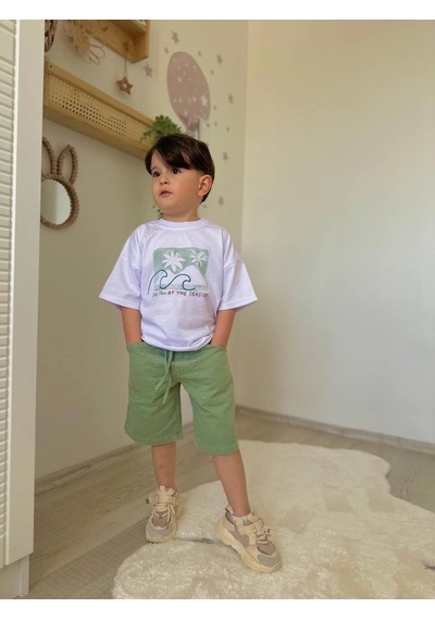 Miniko Kids Erkek Çocuk Keten Şortlu Cep Modelli Desenli Pamuk Şortlu Takım Beyaz