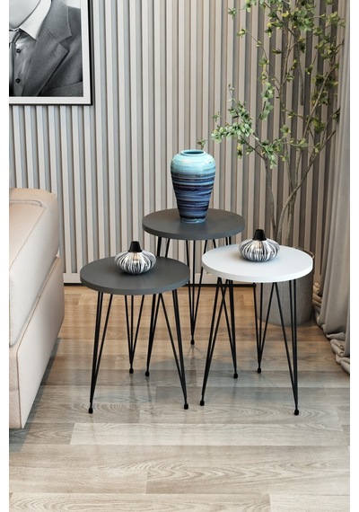 3'lü Zigon Sehpa Yuvarlak Model Zigon Sehpa Metal Tel Ayak Orta Sehpa Beyaz