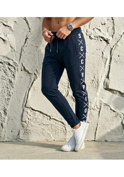 Plus Scorpion Erkek Slim Fit Eşofman Altı Yazılı Şerit Detaylı, Dar Paça Jogger Pantolon Lacivert