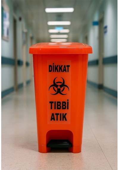 Tıbbi Atık Kutusu 40 Lt Pedallı Çöp Kutusu Turuncu Renk Beyaz