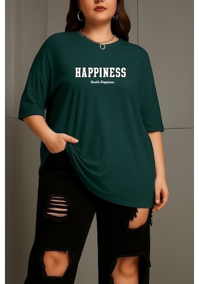Büyük Beden Happıness Baskılı Unisex Tişört Yeşil