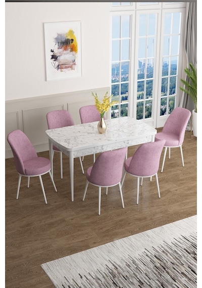 Canisa Han Serisi 70x114 Açılabilir Mdf Mutfak Masası Takımı Beyaz Mermer Desen Masa 6 Pembe Sandalye Masa Beyaz Mermer Desen Sandalye Pembe