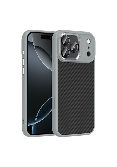 Apple Uyumlu iPhone 17 Pro Max Kılıf M-safe Şarj Özellikli Karbon Fiber Görünümlü Zore Truva Silikon Kapak Gri