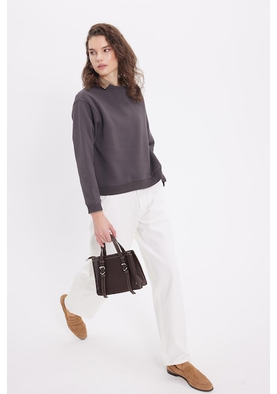Tudors Kadın Oversize Geniş Kesim Pamuklu Bisiklet Yaka Füme Sweatshirt-39927 Füme