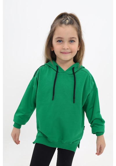 Kız Çocuk Oversize Kapüşonlu Büzgülü Düşük Omuz Nakış Baskılı Yırtmaçlı Sweatshirt - 2 İplik Çimen Yeşili
