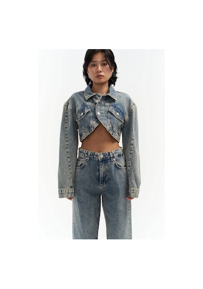 Mai Collection Mai Studios Co. Cali Çapraz Detay Kirli Yeşil Crop Jean Ceket Mavi