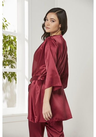 Pierre Cardin 2075 Kadın Saten Sabahlıklı Pijama Takım-bordo Bordo