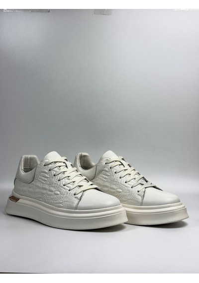 Daytex Hakiki Deri Kroko Baskılı Eva Taban Premium Erkek Sneaker Beyaz