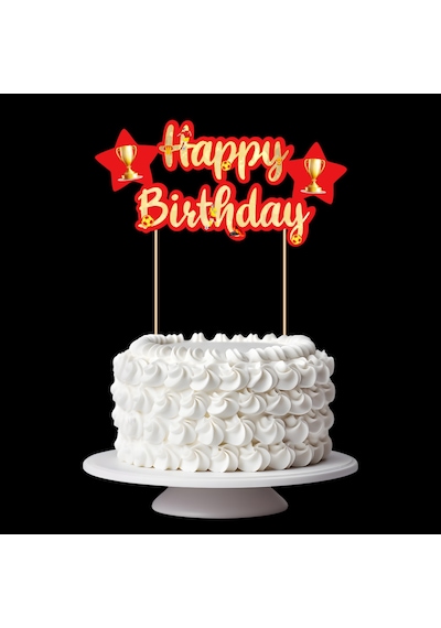 Sarı Kırmızı Taraftar Temalı Happy Birthday Kaligrafi Pasta Üstü Süs Tüm Yaşlar