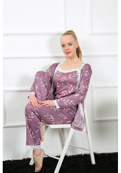 İbrahim Burak Etiler Collection Moda Çizgi Kadın 3'lü Lila Sabahlık Pijama Takım 16103
