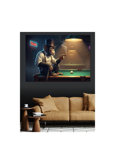Bilardo Salonunda Sigara İçen Maymun Yağlı Boya Dokulu Kanvas Tablo Canvas Tablosu