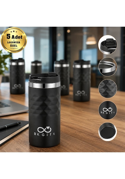 Bk Kurumsal Logonuza Özel 5 Adet 5340 Çelik Kupa 300 Ml Termos Özellikli Kurumsal Mug Siyah Beyaz