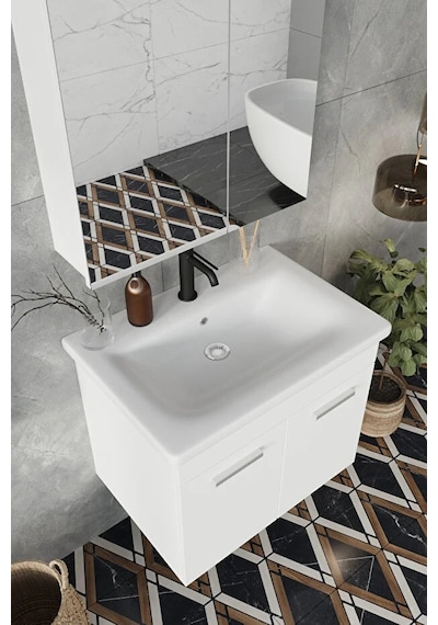 Banyo Defne 65 Cm Demonte Banyo Dolabı Aynalı Dolaplı Üst Dolap Lavabo Beyaz