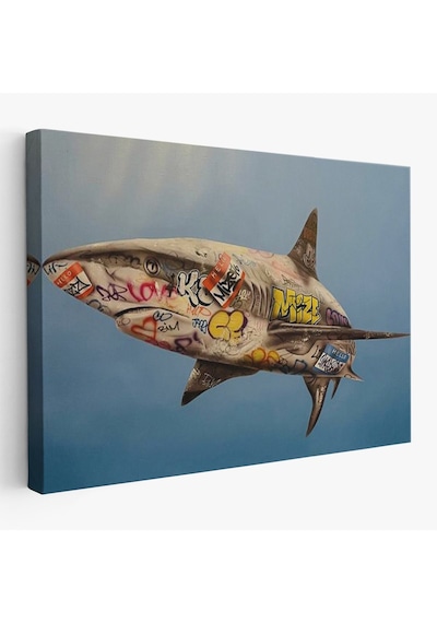 Es10 Özel Tasarım Graffiti Köpek Balığı Kanvas, Pop Art Tablo-5416 (125 x 210)