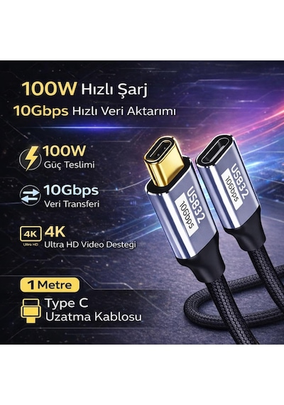 Örgü Kablo 1mt Type-c Uzatma Kablosu 10gbps Veri Ve Görüntü Aktarım 5a Pd Hızlı Şarj Kablo Standart