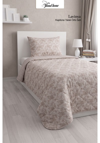 Lavinya Kapitone Tek Kişilik Yatak Örtüsü, Pike Seti, Çift Taraflı Kullanım, Çiçek Desenli 1 Adet Yastık Kılıfı , 160x220 Cm Bej